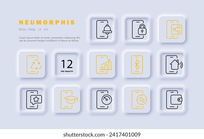 Icono de línea de ajuste de Smartphone. Gadget, teléfono, tecnología, venta, comunicación, botones, sms. Estilo neomorfista. Icono de línea de vector para negocios y publicidad