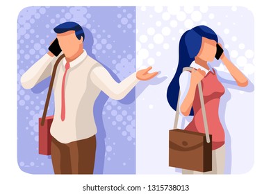 Smartphone set of telephone conversation. Cell speaking scene, talking and telling communication. Woman communication as wife. Mobile dialogue collection of partners boy and girl vector illustration