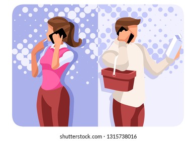 Smartphone set of telephone conversation. Cell speaking scene, talking and telling communication. Woman communication as wife. Mobile dialogue collection of partners boy and girl vector illustration