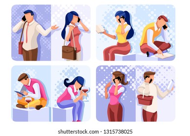 Smartphone set of telephone conversation. Cell speaking scene, talking and telling communication. Woman communication as wife. Mobile dialogue collection of partners boy and girl vector illustration