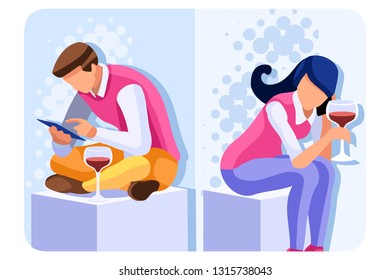 Smartphone set of telephone conversation. Cell speaking scene, talking and telling communication. Woman communication as wife. Mobile dialogue collection of partners boy and girl vector illustration
