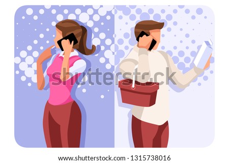 Smartphone set of telephone conversation. Cell speaking scene, talking and telling communication. Woman communication as wife. Mobile dialogue collection of partners boy and girl vector illustration