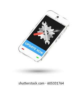 smartphone with setting logo on screen and update button