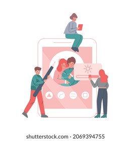 Smartphone Setting with Young Man and Woman Engaged in Photo Retouch Adjustments Vector Illustration