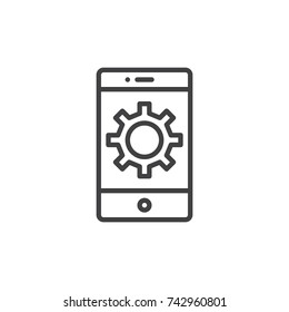 Smartphone settings with cogwheel line icon, outline vector sign, linear style pictogram isolated on white. Mobile phone and gear symbol, logo illustration. Editable stroke