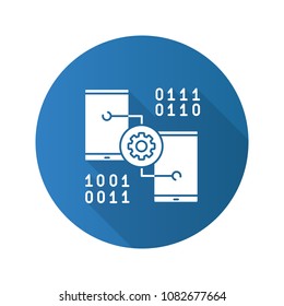 Smartphone settings flat design long shadow glyph icon. App development. Phones with cogwheel and binary code. Vector silhouette illustration