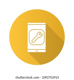 Smartphone settings flat design long shadow glyph icon. Phone display with spanner. Vector silhouette illustration