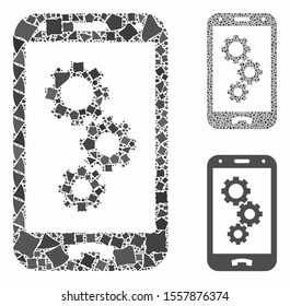 Smartphone settings gears mosaic of unequal elements in variable sizes and color tints, based on smartphone settings gears icon. Vector inequal elements are composed into mosaic.
