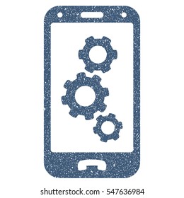 Smartphone Settings grainy textured icon for overlay watermark stamps. Flat symbol with scratched texture. Dotted vector blue ink rubber seal stamp with grunge design on a white background.