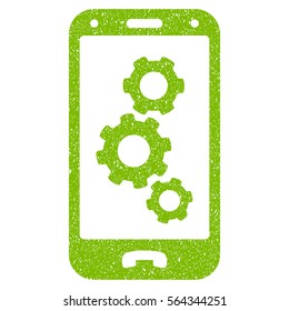 Smartphone Settings grainy textured icon for overlay watermark stamps. Flat symbol with dust texture. Dotted vector light green ink rubber seal stamp with grunge design on a white background.