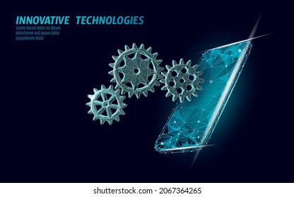 La configuración del Smartphone ayuda a prestar un servicio de baja calidad. Nueva versión software de sistema móvil actualizar Internet subida. Pantalla táctil de información en línea. Ilustración vectorial de diseño moderno poligonal