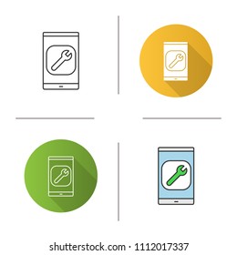 Smartphone settings icon. Phone display with spanner. Flat design, linear and color styles. Isolated vector illustrations