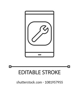 Smartphone settings linear icon. Thin line illustration. Phone display with spanner. Contour symbol. Vector isolated outline drawing. Editable stroke