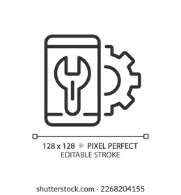 Configuración de Smartphone píxel icono lineal perfecto. Configuración del teléfono móvil. Personalizar el dispositivo. Corregir el teléfono móvil. Ilustración de línea delgada. Símbolo de contorno. Dibujo del contorno del vector. Trazo editable