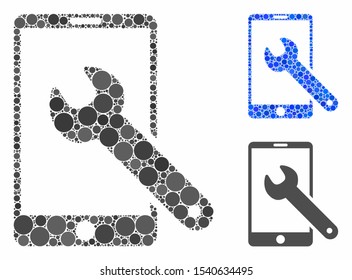 Smartphone setup wrench mosaic of round dots in different sizes and color tones, based on smartphone setup wrench icon. Vector random circles are united into blue mosaic.