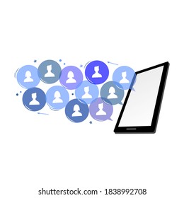 a smartphone and several iconic people in a blue bubble next to it