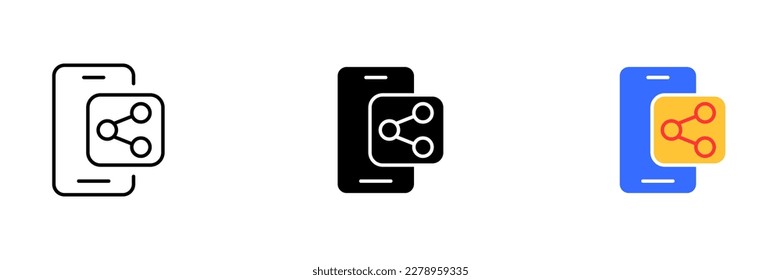 A smartphone with a share icon on the screen. This icon is commonly used to share content on social media or other platforms. Vector set of icons in line, black and colorful styles isolated.