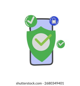 smartphone com escudo, marca de seleção e ícones de bloqueio. Conceito de segurança móvel, proteção online, privacidade de dados, tecnologia segura, pagamento seguro e aplicativo antivírus.