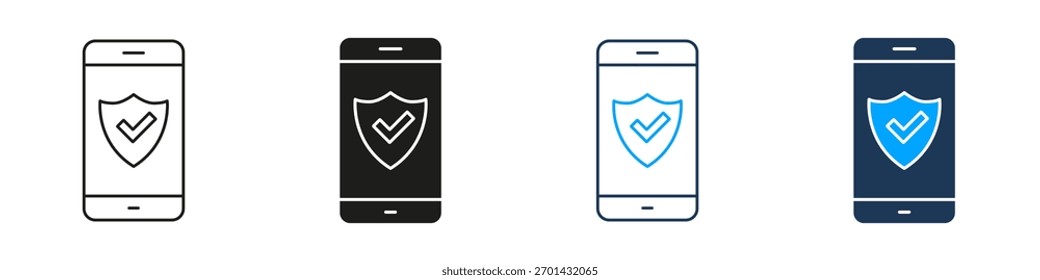 Smartphone With Shield And Checkmark Line And Solid Icon Set. Mobile Security, Data Protection, And Privacy Assurance Symbol Collection. Cybersecurity And Safe Browsing. Isolated Vector Illustration.