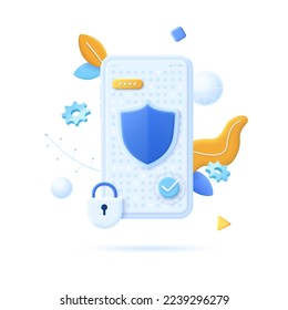 Smartphone with shield and checkmark on screen. Concept of mobile app for digital security, personal information protection, data encryption. Modern vector illustration in pseudo 3d style for banner.