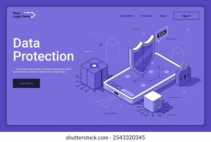 Smartphone com cifra Shield e cadeado no fundo roxo. Modelo de página inicial isométrica de proteção de dados. Serviço de segurança cibernética para informações pessoais Ilustração vetorial 3D para página da Web