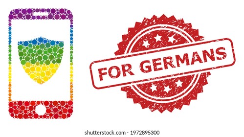 Smartphone shield collage icon of filled circle items in various sizes and LGBT colored color tinges, and For Germans unclean rosette seal. A dotted LGBT-colored Smartphone shield for lesbians, gays,