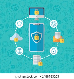 smartphone shield computer email cloud data technology internet security vector illustration