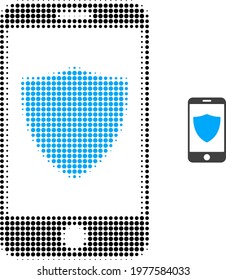 Smartphone shield halftone dot icon illustration. Halftone array contains round pixels. Vector illustration of smartphone shield icon on a white background.