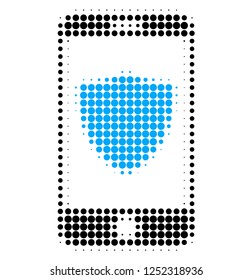 Smartphone shield halftone dotted icon. Halftone array contains round dots. Vector illustration of smartphone shield icon on a white background.