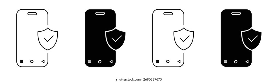 Smartphone shield icon isolated, Mobile security symbol, Secure phone signs, Device protection emblems, or Digital privacy badges vector illustration