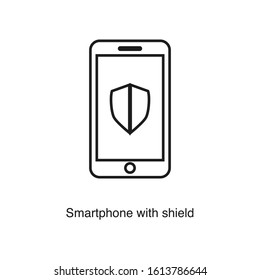 Smartphone with shield icon vector on white background. Black icon illustration