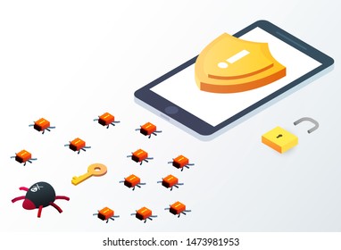 Smartphone with shield, key, padlock and virus bug. Isometric 3d data protection or digital online security concept. Flat vector illustration.