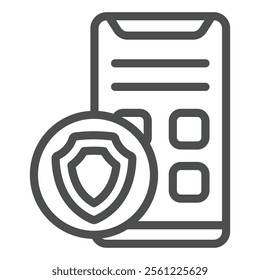 Smartphone with shield line icon, data protection concept. Vector graphics. Safety emblem with phone sign on white background, outline style icon for mobile or web design