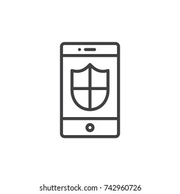 Smartphone with shield line icon, outline vector sign, linear style pictogram isolated on white. Mobile phone security symbol, logo illustration. Editable stroke