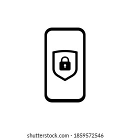 Smartphone with shield and lock icon. Account protection on phone screen. Security authentication to protect private files, data or documents.