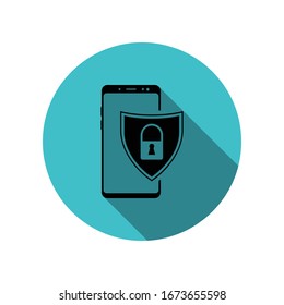 Smartphone, shield, lock long shadow icon. Simple glyph, flat vector of mobile concept icons for ui and ux, website or mobile application