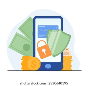 Smartphone with shield, lock and money vector illustration. Drawing of mobile banking application, safety and protection of personal information and transactions. Technology, security, finances