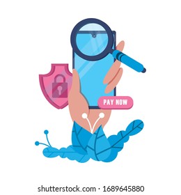 smartphone with shield and magnifying glass vector illustration design