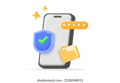 smartphone com um ícone de escudo, senha e pasta de arquivos. apresentando segurança cibernética, proteção de dados, armazenamento seguro de arquivos e privacidade em aplicativos e sistemas móveis. Vetor de ilustração 3D