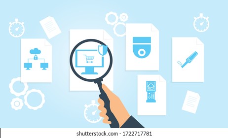Smartphone, shield, safe money file, document research vector illustration. Document with search icons. File and magnifying glass. Analytics research sign. Vector Illustration