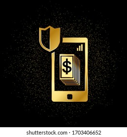 Smartphone, shield, safe money gold icon. Vector illustration of golden particle background.