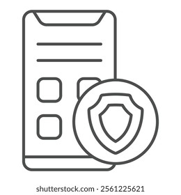Smartphone with shield thin line icon, data protection concept. Vector graphics. Safety emblem with phone sign on white background, outline style icon for mobile or web design