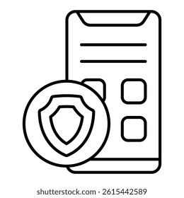 Smartphone with shield thin line icon, data protection concept. Vector graphics. App security on phone, gadget sign on white background, linear style for mobile or design