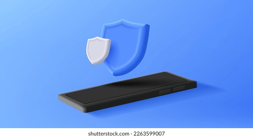 Smartphone con escudos en fondo azul 3d. El concepto de protección y seguridad de los datos personales. Banner futurista moderno. Aplicación de seguridad.