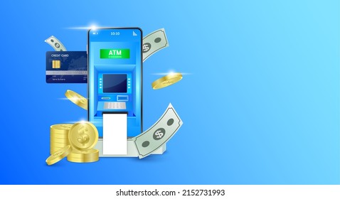 Smartphone with shop app. Credit card and coin. ATM Automated. Teller machine 24 hour. Money transfers financial transactions. Template for advertisement horizontal long. On blue background. Vector.