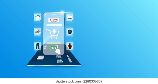 Smartphone with shop app on credit card with copy space for text. 
Shopping online on website in mobile application. Pay by credit card quick easy. Digital online marketing concept. 3D vector.