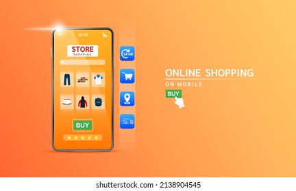 Smartphone with shop app. Shopping online on website in mobile application. Pay by credit card quick easy. Digital online marketing concept. Isolated on orange background 3D vector.