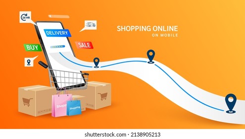 Smartphone with shop app. Shopping online on website in mobile application. Pay by credit card quick easy. Digital online marketing concept. Isolated on orange background 3D vector.