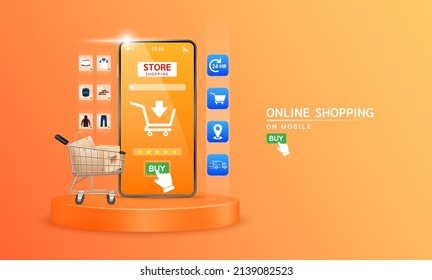 Smartphone with shop app. Shopping online on website in mobile application. Pay by credit card quick easy. Digital online marketing concept. Isolated on orange background 3D vector.