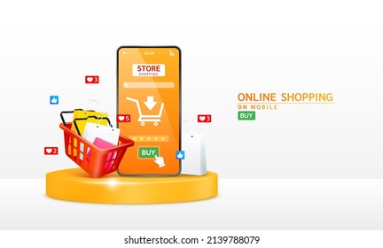 Smartphone with shop app. Shopping online on website in mobile application. Pay by credit card quick easy. Digital online marketing concept. Isolated on white background 3D vector.